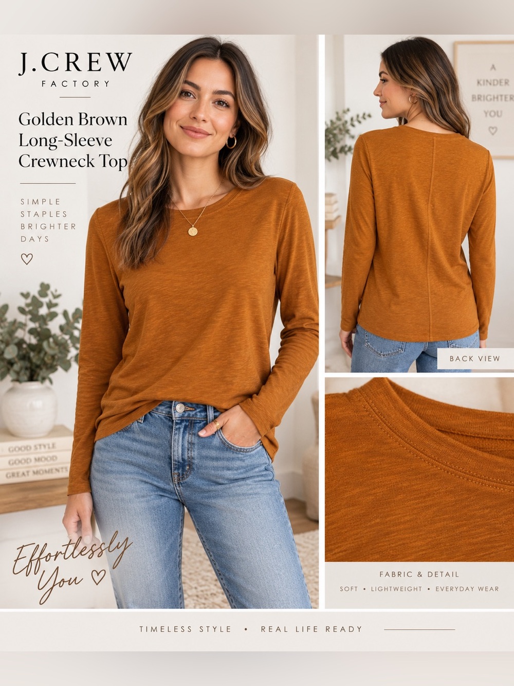 J.Crew Factory Golden Brown Long Sleeve Crewneck Top Size L
